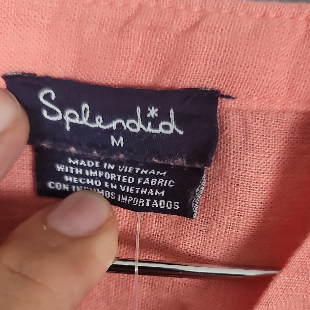 Splendid Linen Blend Orange Mandarin Peach Cuffed Sleeves Top - Picture 2 of 6
